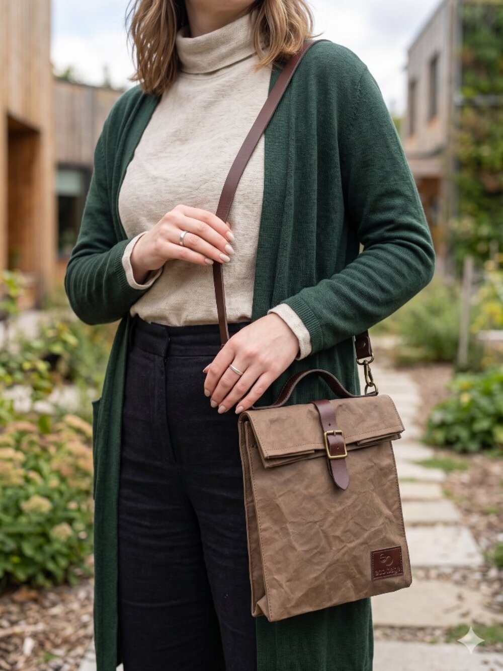 Eco Beige Washable Paper Crossbody Lunch Bag Vegan Leather Strap Sustainable NWT
